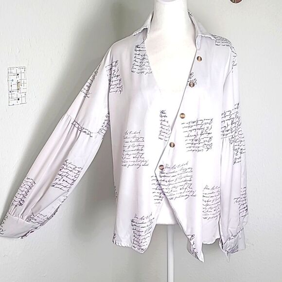 White Cardigan Longsleeve Blouse with Script Lettering, Button Accents, Size XL - Picture 2 of 13